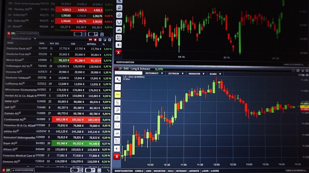 Essa imagem mostra uma plataforma de negociação ou análise de ações, provavelmente usada por traders ou investidores para acompanhar o desempenho do mercado financeiro em tempo real.