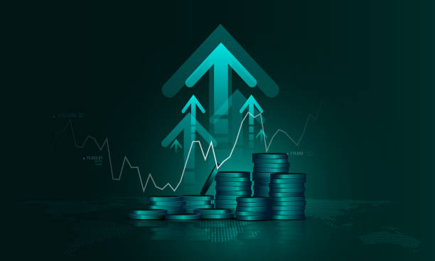 A imagem mostra uma ilustração conceitual de crescimento financeiro. Em primeiro plano, há pilhas de moedas empilhadas, representando riqueza, lucro ou acúmulo de capital. Ao fundo, surgem setas grandes apontando para cima, transmitindo a ideia de progresso, ascensão e prosperidade financeira. Também é possível ver um gráfico de linha que acompanha a movimentação, sugerindo aumento no mercado, valorização de ativos ou evolução econômica. O tom predominante é verde-azulado, cor tradicionalmente associada a dinheiro, estabilidade e crescimento. Essa imagem combina bem com temas como investimentos, lucro, renda extra, crescimento patrimonial e sucesso financeiro.